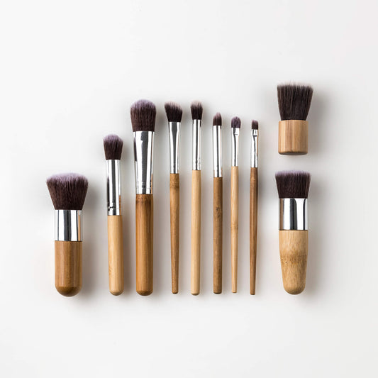 a detailed image of Bristolmade makeup brushes, featuring an assortment of high quality brushes with sleek, eco friendly handles, soft, synthetic bristles. The brushes are elegantly arranged, showing their various sizes and shapes, designed for precise and flawless makeup application.