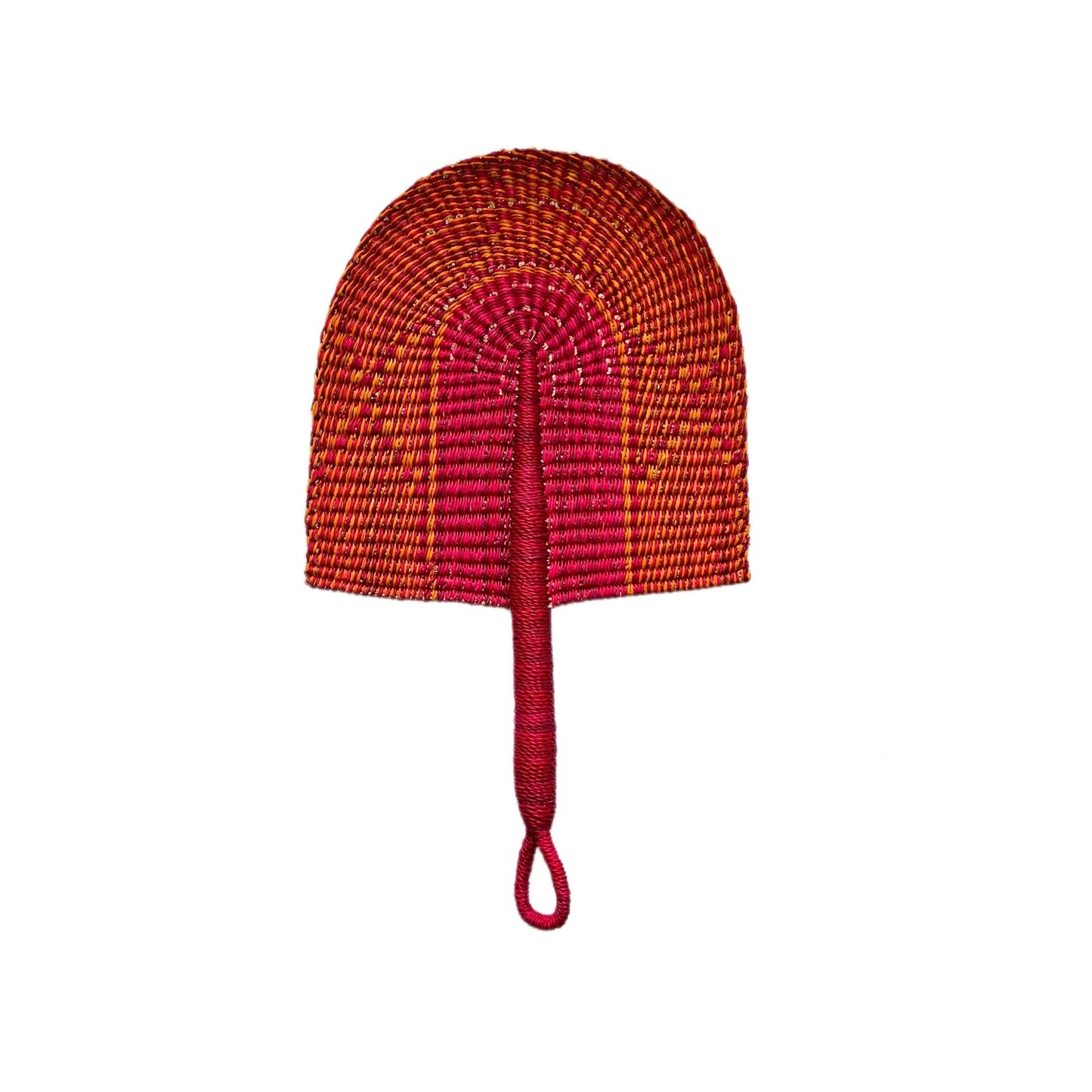 photo of a woven fan in bright pink and orange