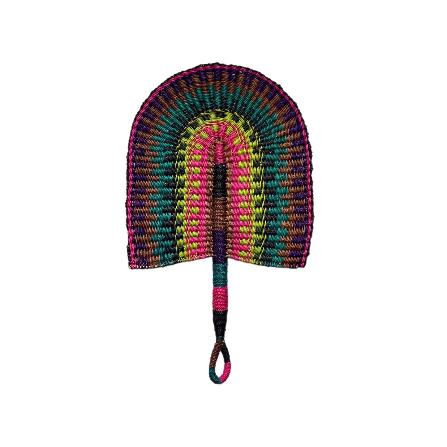 photo of a multi coloured woven hand fan on a white back ground