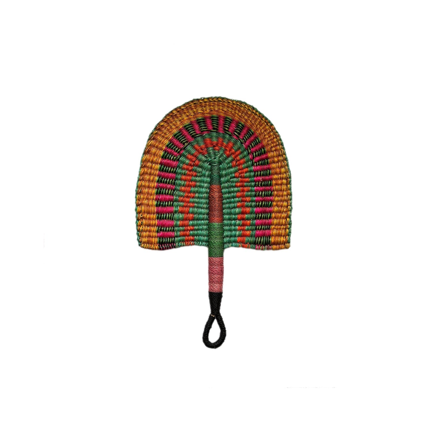 Photo of a hand woven fan with a handle and loop to hang it up, various colours including green, pink, orange, yellow, blue and a pale pink.