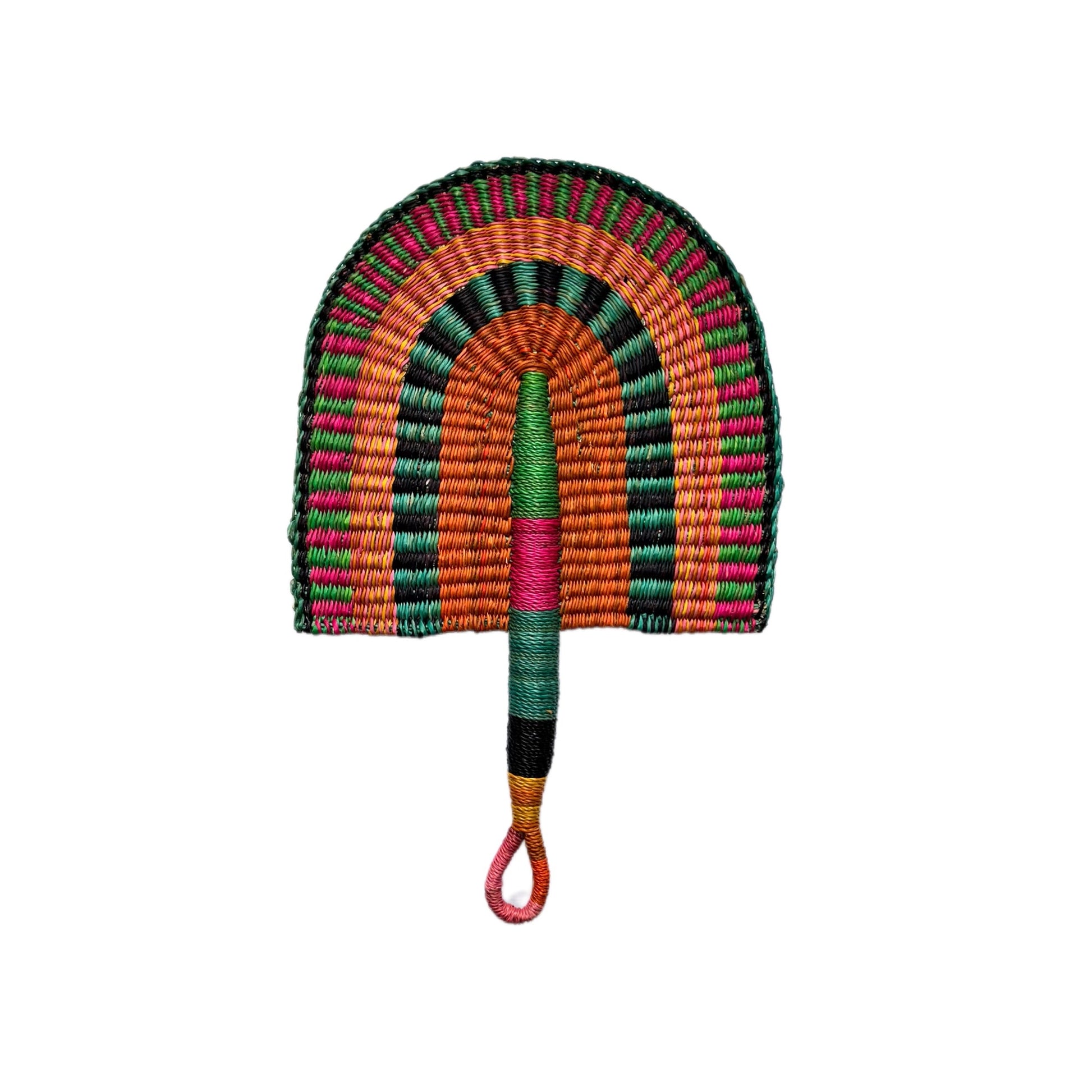 Photo of an orange, teal, and green woven hand fan on a white back ground