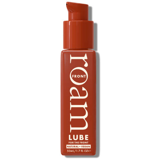 photo of a terracotta coloured 50ml pump tube of water based lube, with cream text on the label showing ingredients