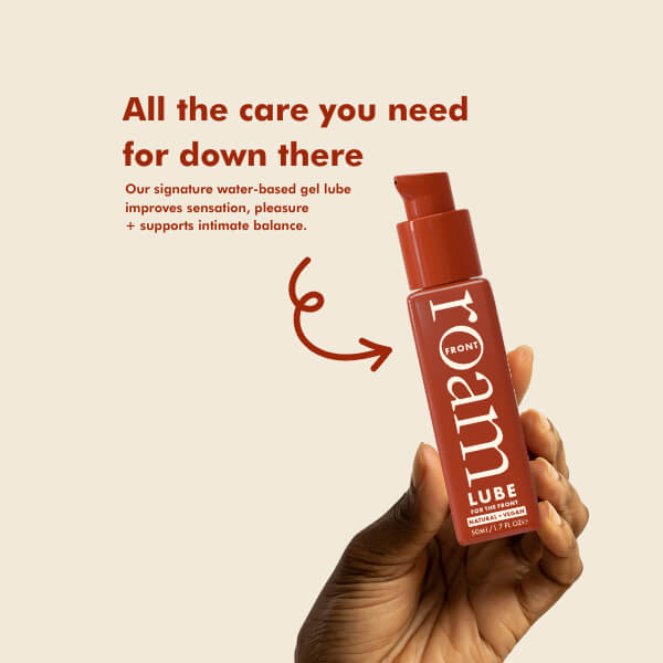 Graphic saying All the care you need for down there, our signature water based gel lube improves sensation, pleasure and supports intimate balance with an arrow poiting to a photo of the 50ml pump tube of lube