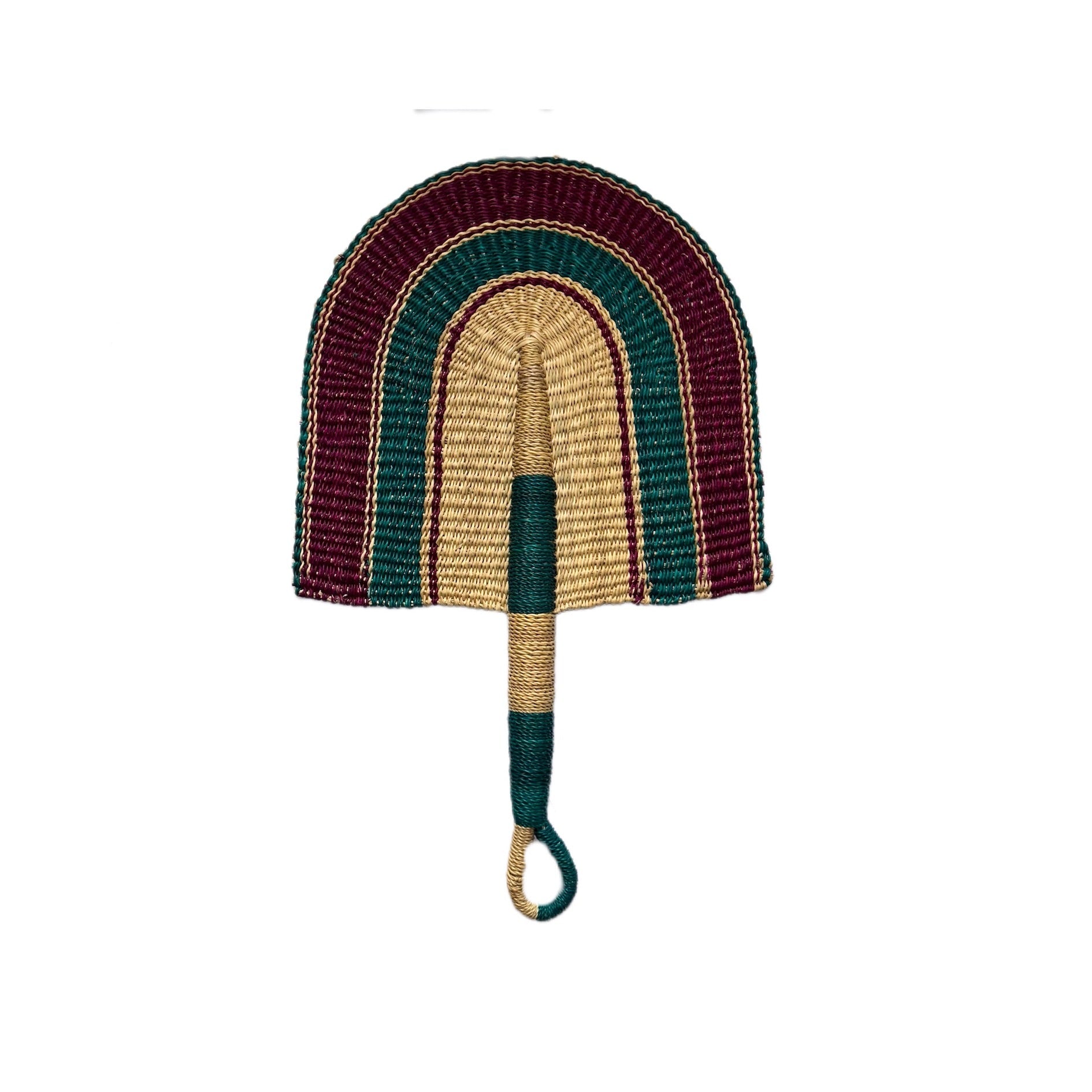 photo of a hand woven fan in the colours teal, deep red and a natural pale yellow